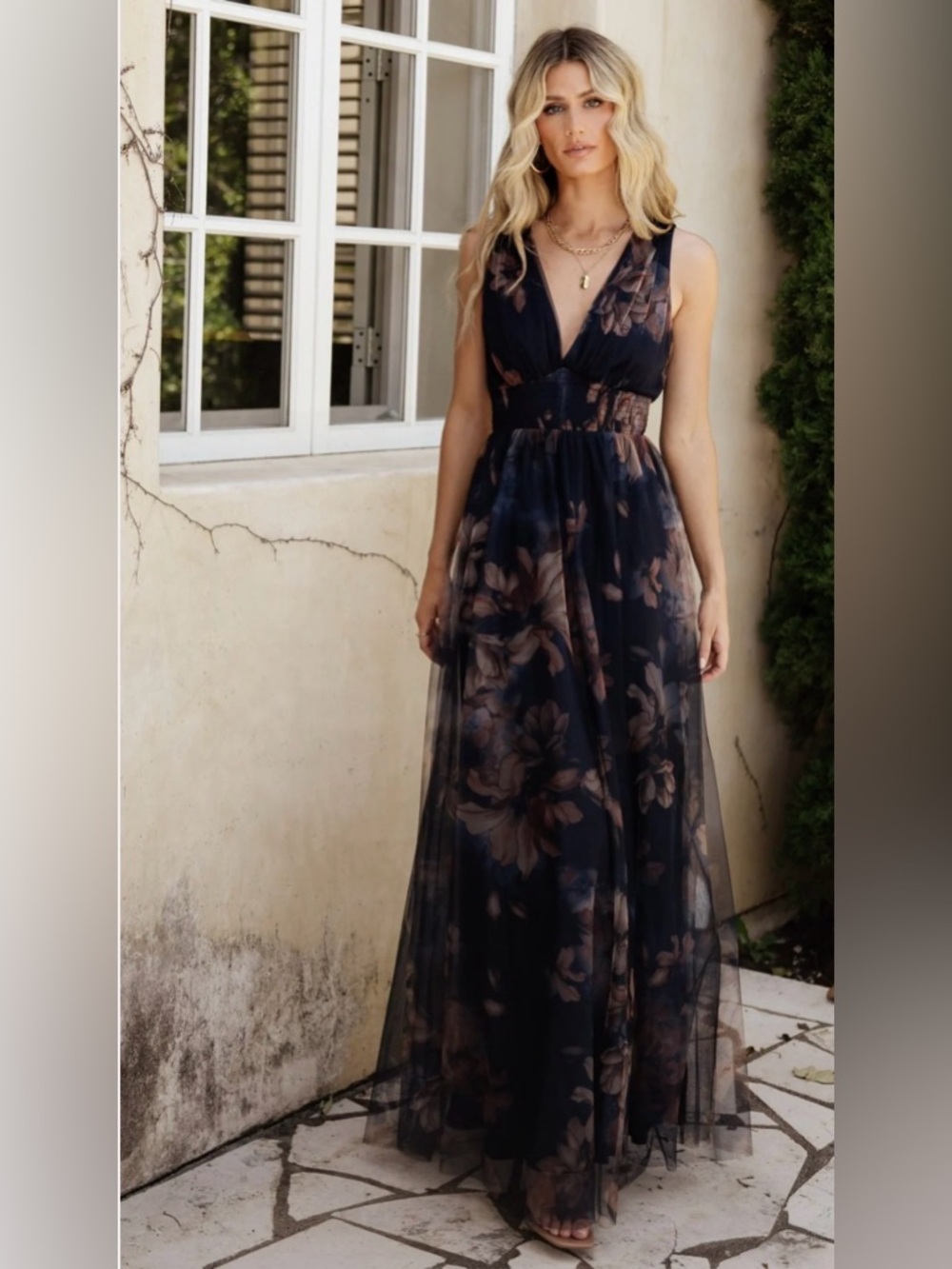 Baltic Born Kamila Tulle Maxi Dress Dark Blue Flora NWT Medium Garden Party